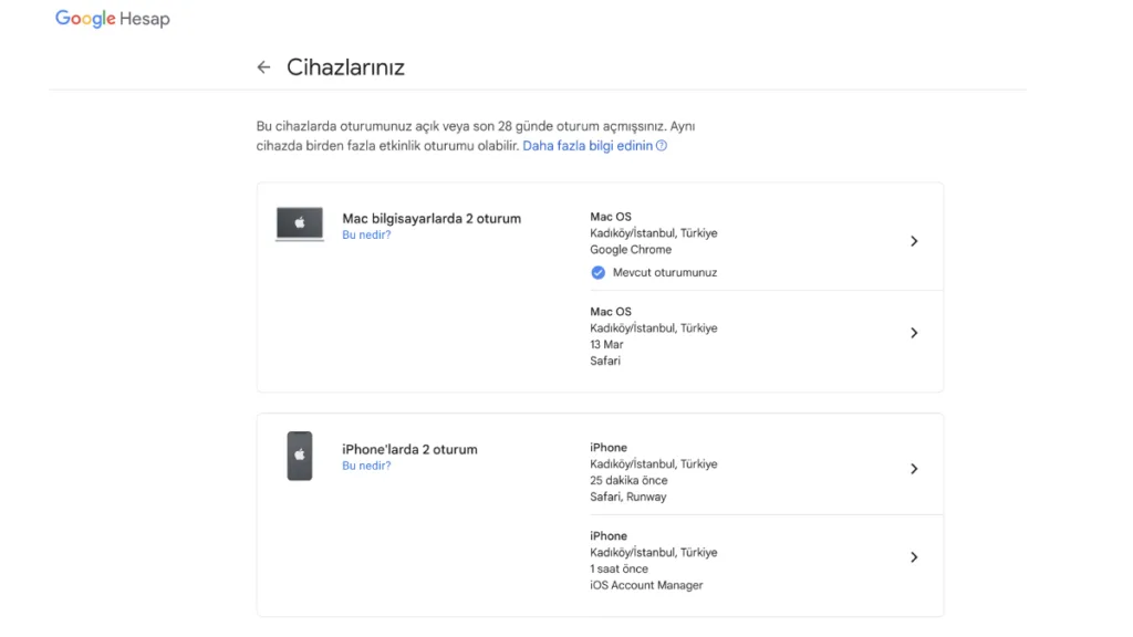 Google hesabı açık olan cihazlar nasıl bulunur